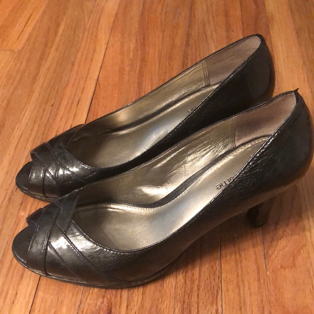 Metallic Gray Peep-Toe Heels